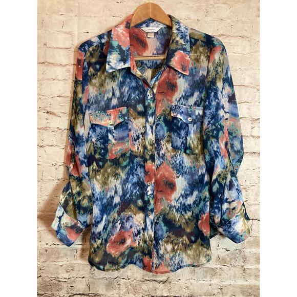CJ Banks Top Womens 1X Watercolor Art To Wear Button Up Semi Sheer Artsy Flowy - Picture 1 of 14